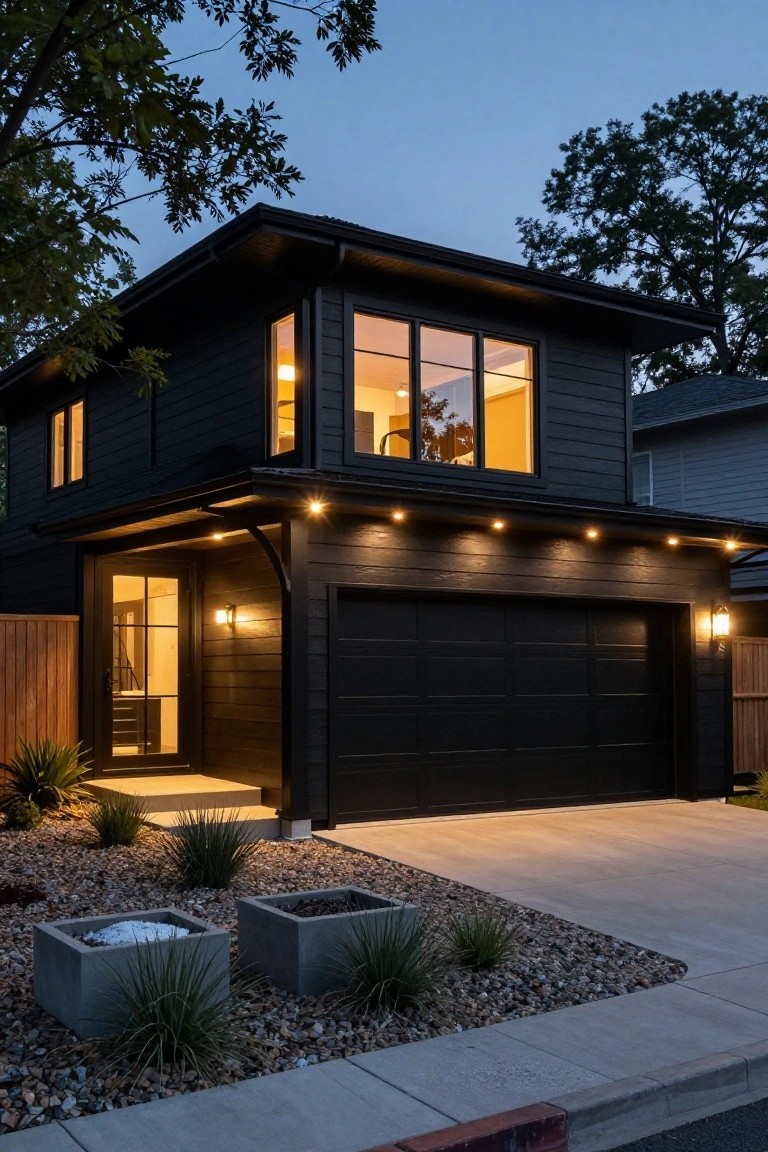 Two-story modern house with black wood siding at dusk, lit windows inside, recessed eave lights, open garage door, front steps, and gravel landscaping with agave plants.