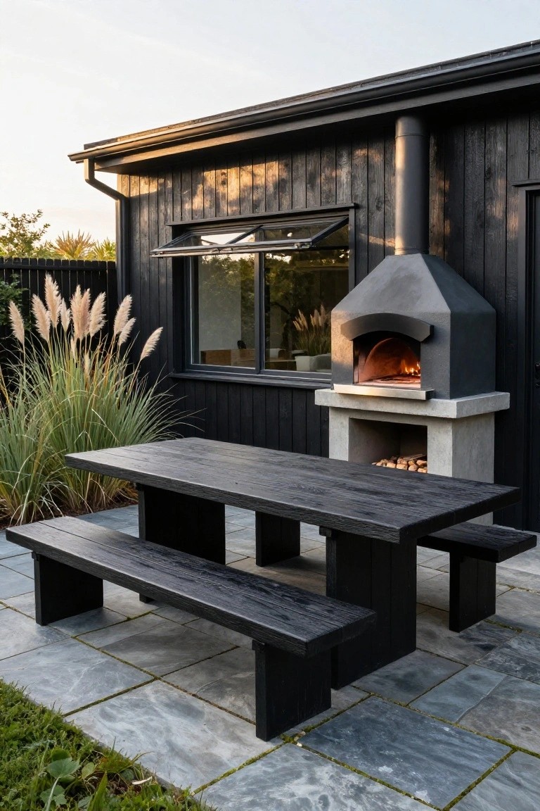 Black wood-clad house wall with a window next to a lit black pizza oven on a concrete base, black wooden picnic table with benches on a slate tile patio, pampas grass nearby.