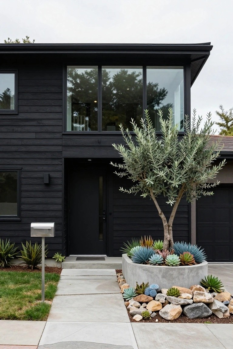 Modern two-story house exterior with black horizontal wood siding, large glass windows, black front door, freestanding silver mailbox, olive tree, agave and succulent plants in a concrete planter, rocks, and concrete driveway.