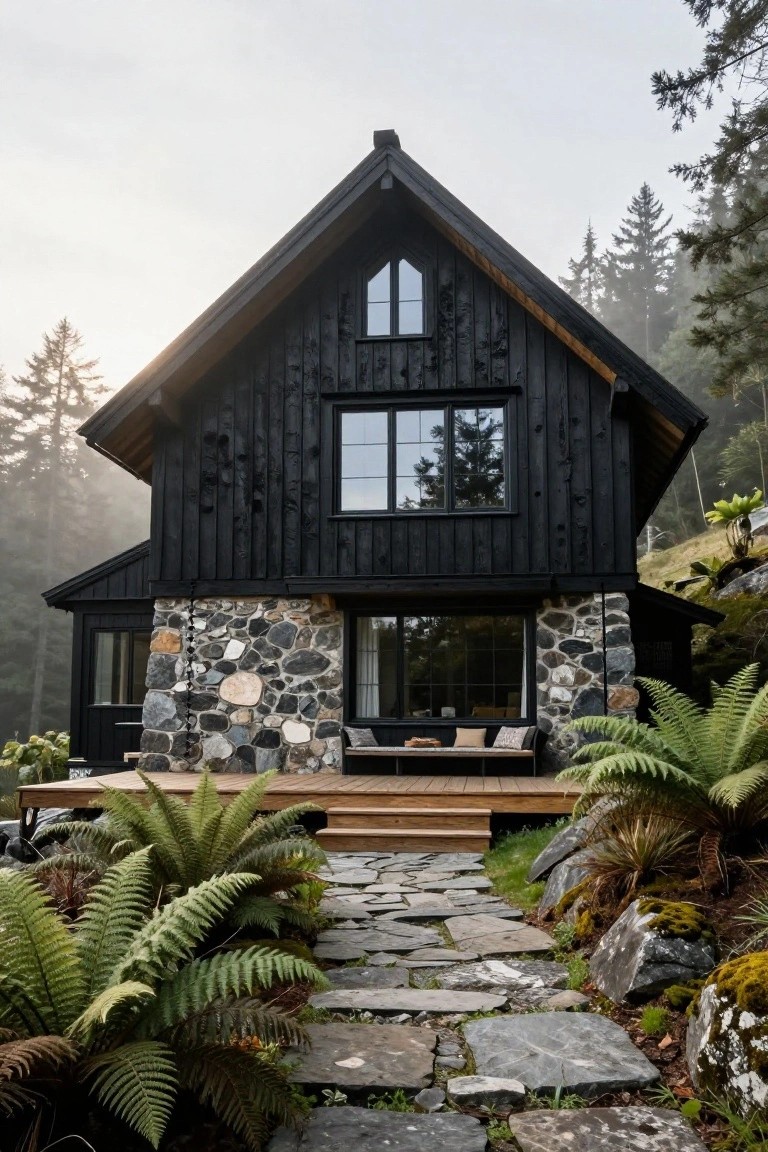 A two-story black wooden house with gabled roof, vertical plank siding, stone foundation, large windows, wooden deck with seating, stone pathway, ferns, and surrounding pine forest in misty light.