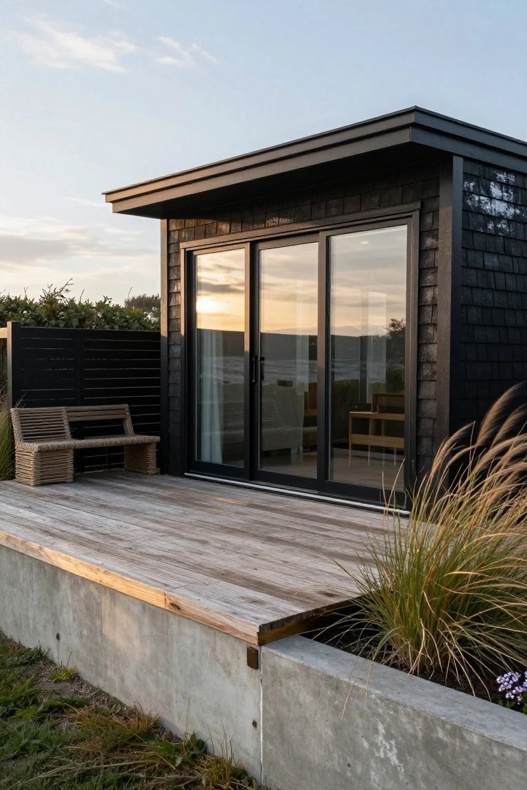 Small black shingled wooden cabin with large black-framed sliding glass doors on a weathered wooden deck, flanked by grasses and a bench, next to a concrete retaining wall and hedge.