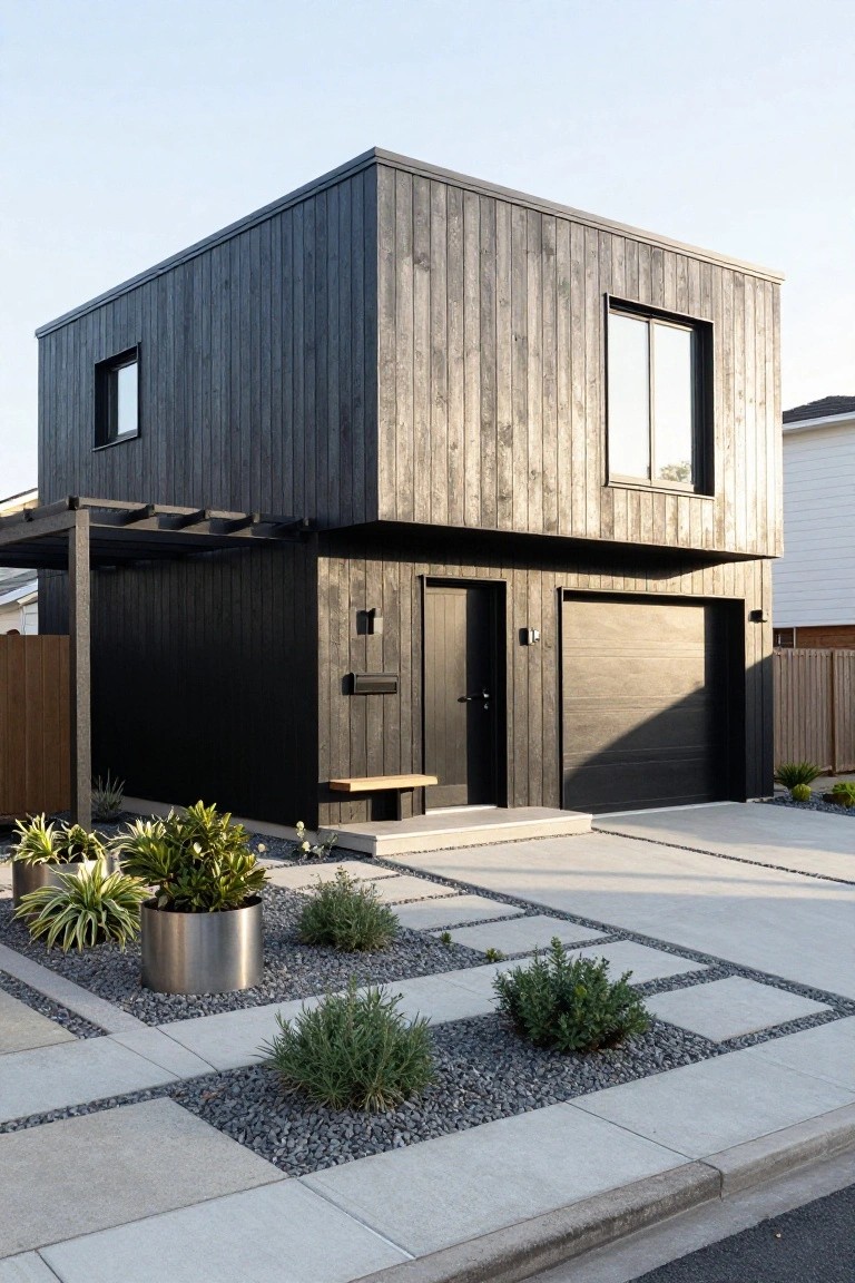 Modern two-story house with black vertical wood cladding, double garage doors, front entrance with bench, covered entry area, and minimalist gravel landscaping in the front yard.