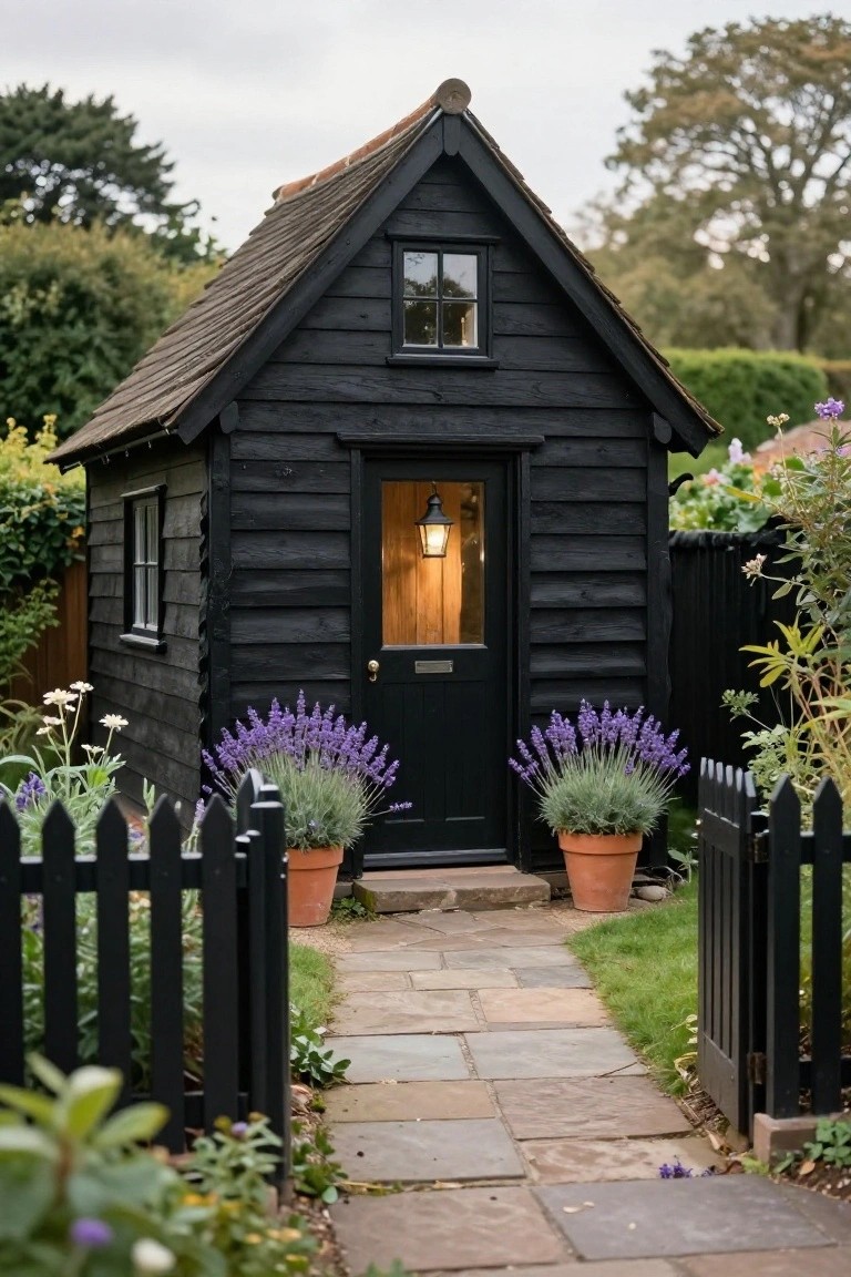 Small black wooden garden shed with clapboard siding, a black door lit by a lantern, lavender plants in terracotta pots on either side, a stone path leading to a black picket fence gate, surrounded by greenery and shrubs.