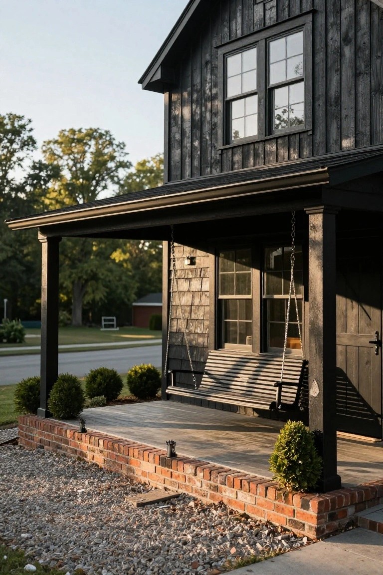 Exterior of a black wooden house with board-and-batten siding, featuring a covered porch supported by columns, a chain-suspended wooden swing, boxwood shrubs, brick edging, and gravel ground cover.