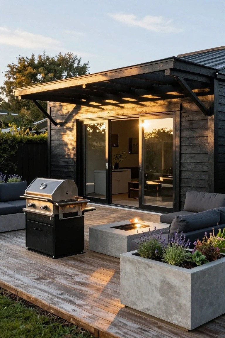Black wooden house wall with large sliding glass doors opening onto a wooden deck that includes a stainless steel barbecue grill, gray L-shaped outdoor sofa, rectangular concrete fire table with flames, and large concrete planters with plants.