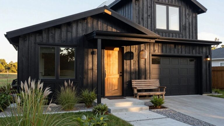 20 Bold Black Wooden House Design Ideas for a Striking Modern Look Front exterior of a black wood-clad house with charred siding, a golden oak paneled front door, flanking windows, wall lanterns, wooden bench, concrete steps, gravel-inlaid path, and tall ornamental grasses.