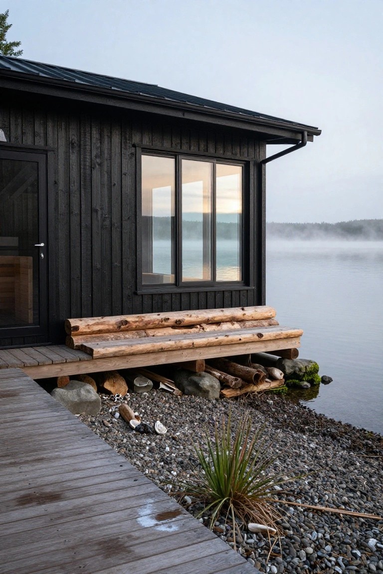 Black wooden cabin exterior on a deck beside a calm lake with mist, featuring large windows, a glass door, stacked firewood, log benches, rocks, and pebbles.