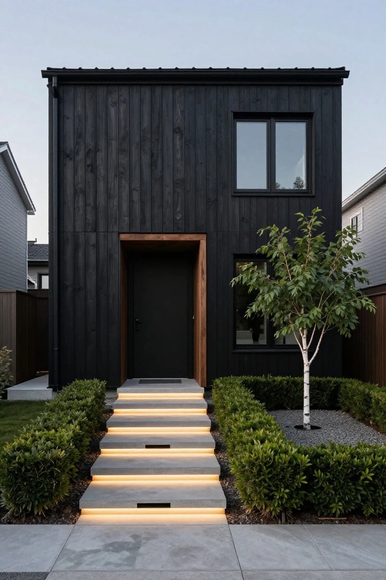 Black wooden house exterior with vertical cladding, a recessed entry door under a wood header, concrete steps with under-tread LED lighting, flanked by boxwood shrubs and a birch tree in gravel mulch.