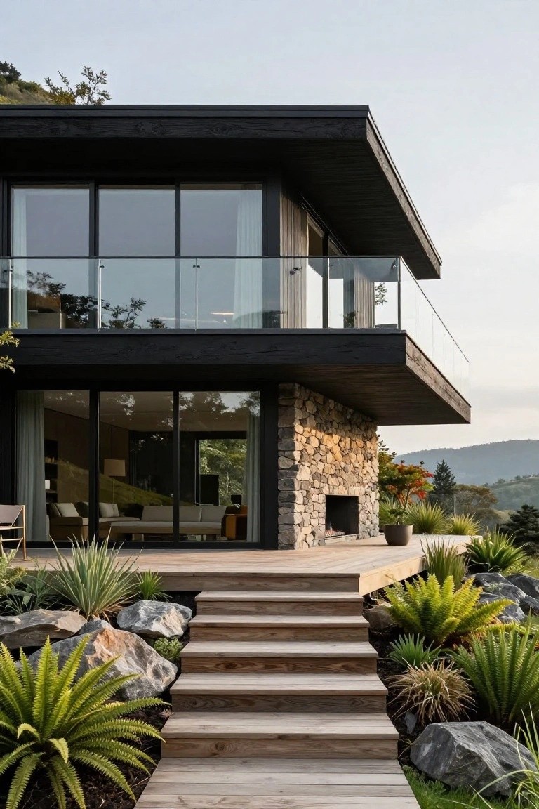 Corner view of a modern two-story house with black wooden cladding on the cantilevered upper level, large glass windows and doors on the lower level, stone wall with fireplace, wooden stairs leading to a deck surrounded by agave plants and boulders against a hillside backdrop.