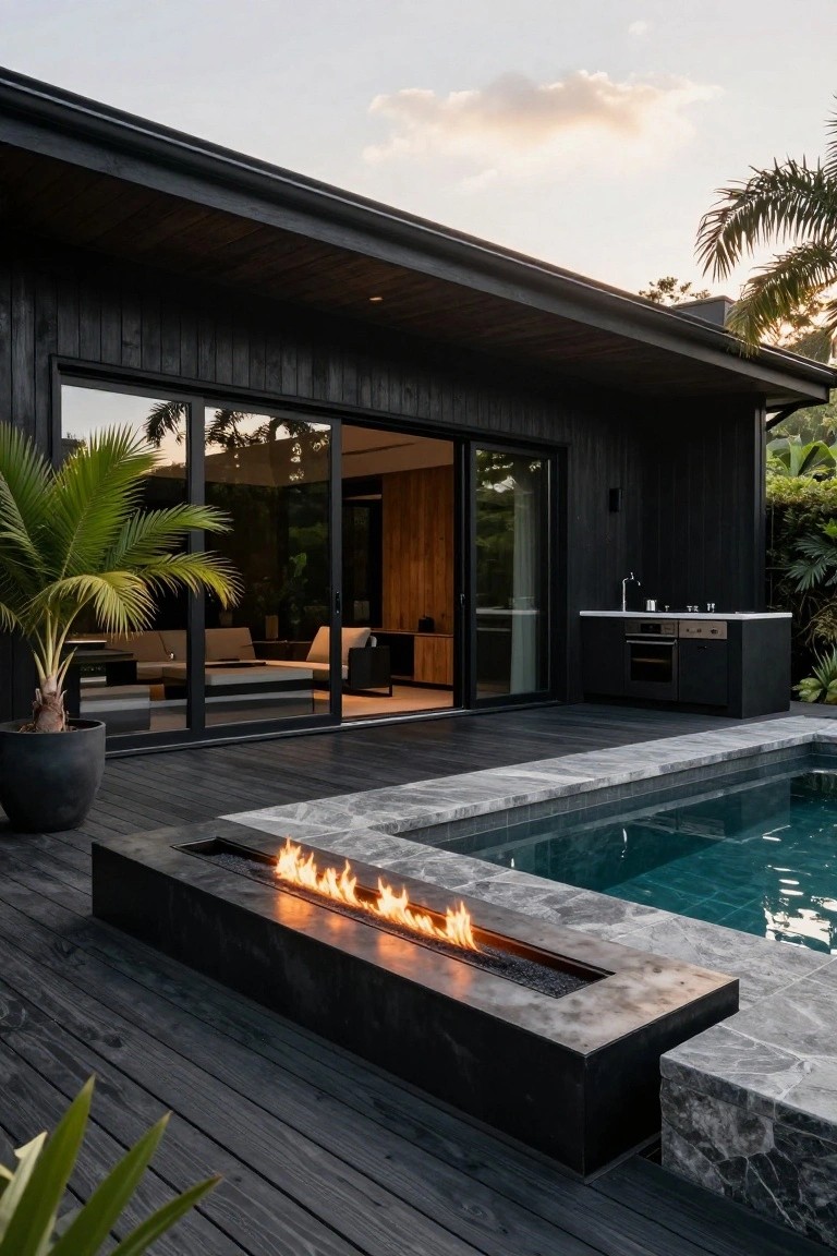 Black wooden house exterior with open sliding glass doors opening to a dark deck, outdoor kitchen cabinetry, linear black fire pit along the edge of a small turquoise pool with gray marble coping, potted palms, and tropical plants at dusk.