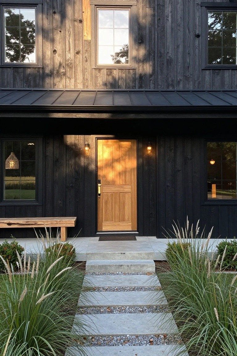 Front exterior of a black wood-clad house with charred siding, a golden oak paneled front door, flanking windows, wall lanterns, wooden bench, concrete steps, gravel-inlaid path, and tall ornamental grasses.