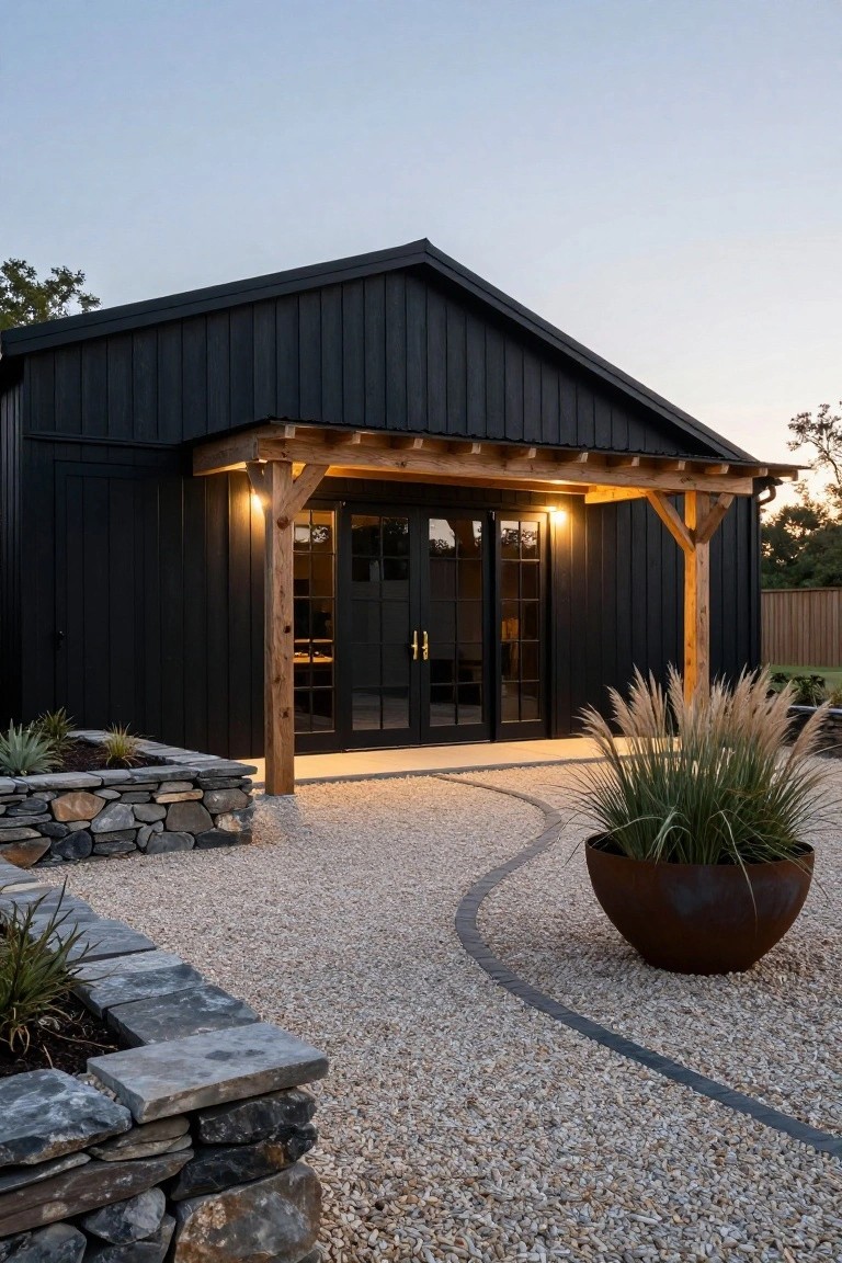 Black shiplap barn-style house exterior with double glass entry doors under exposed timber beam porch, gravel pathway, stone retaining walls, and potted grasses.