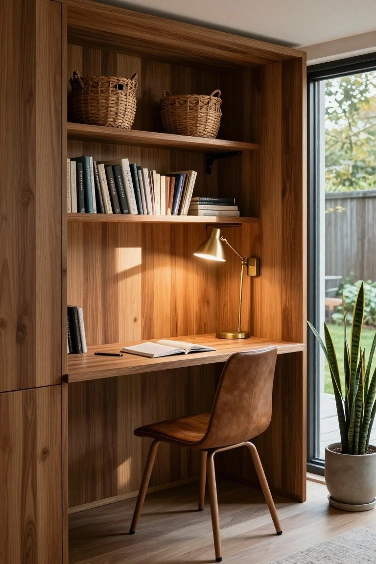 Wooden built-in shelving unit with books, baskets, desk, open book, pen, gold lamp, and leather chair, positioned next to a glass door overlooking a garden with snake plant.