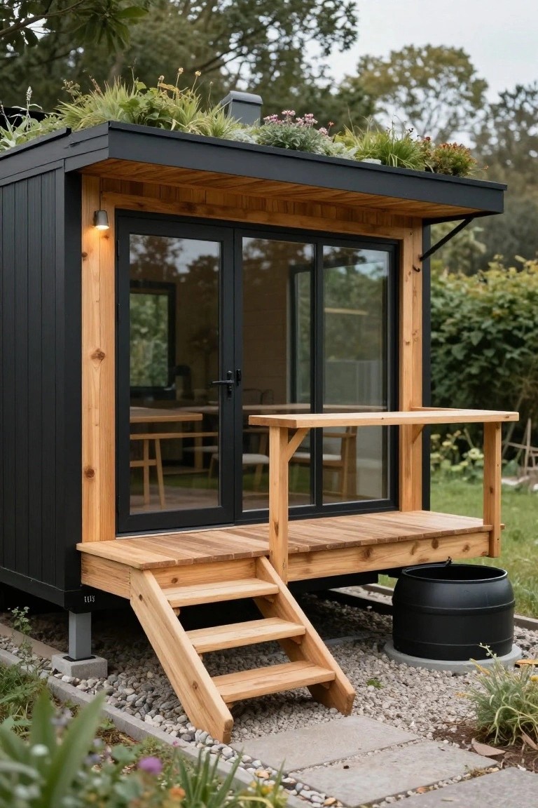 Small elevated black wooden cabin with green roof plants, large glass sliding doors, wooden deck platform and steps, surrounded by garden plants and gravel path.