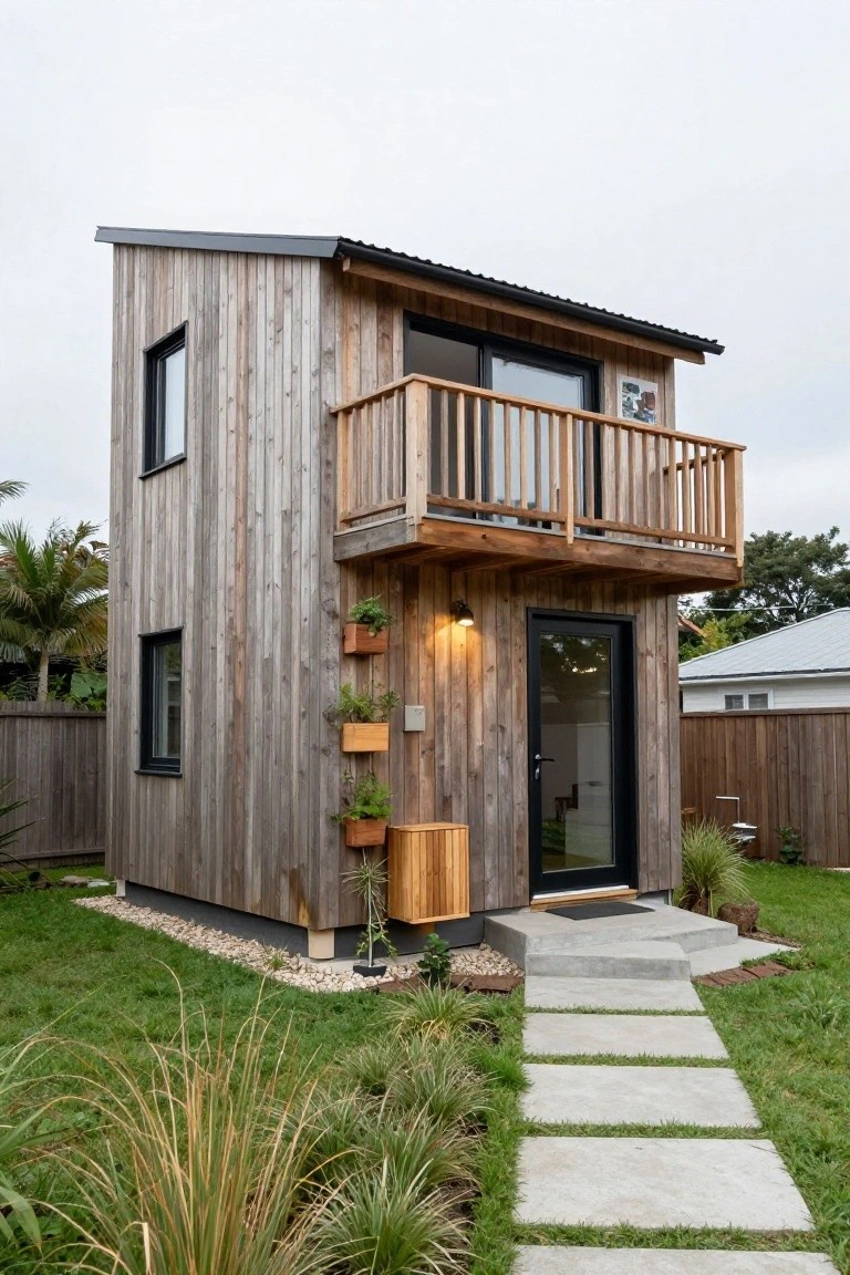 Narrow two-story wooden house with vertical cladding, black-framed windows and glass door, upper balcony with railing, wall-mounted planters, metal roof, concrete entry path, and surrounding grass and plants.