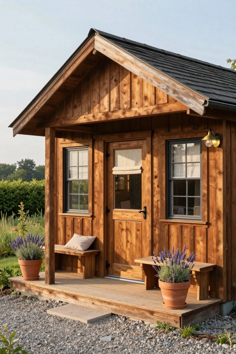 Small wooden cabin with gabled dark shingled roof, vertical board-and-batten siding, covered front porch with built-in benches and potted lavender plants, on gravel base surrounded by greenery.