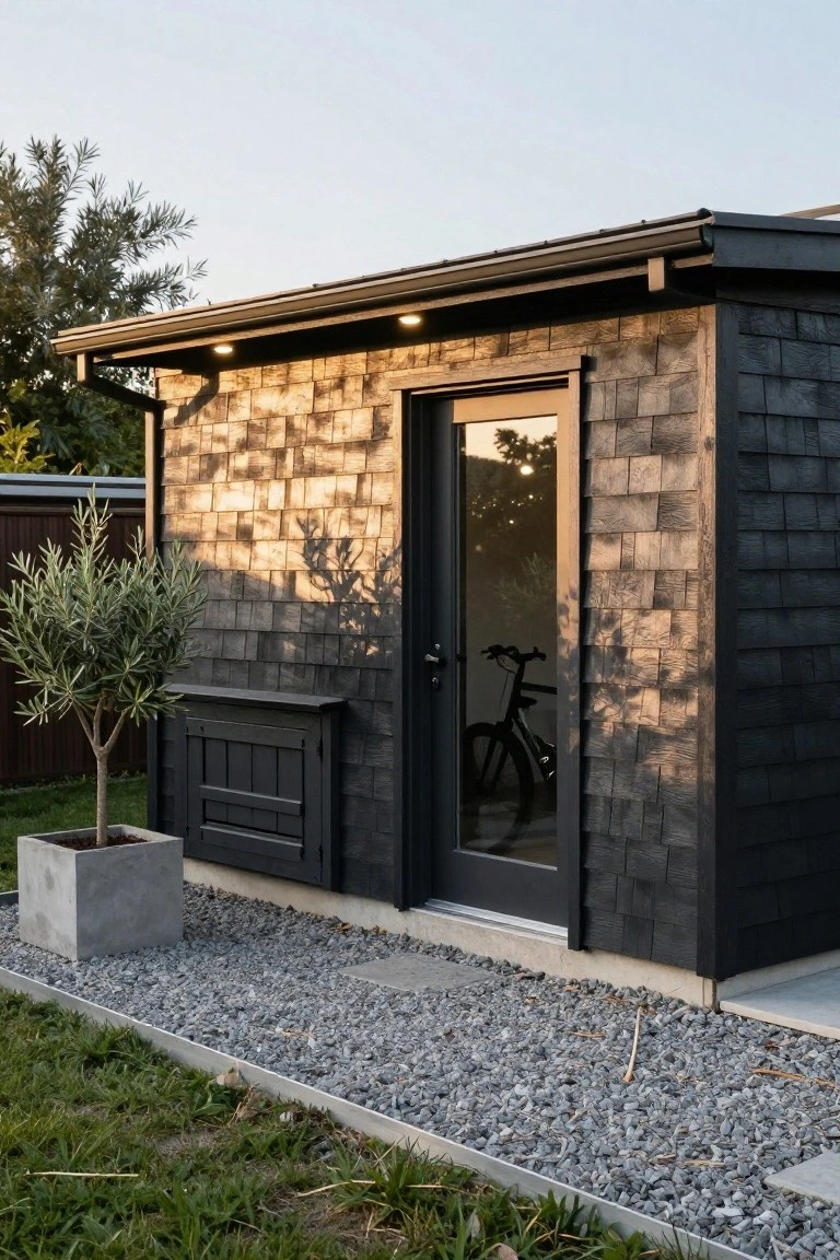 Small black shingle-clad wooden shed with glass front door revealing a bicycle inside, black cabinet beside door, potted olive tree, gravel path edged in concrete, grass yard, and wooden fence.