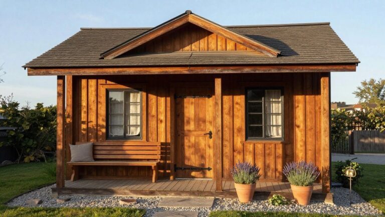 18 Clever Small Wooden House Design Ideas for Compact Living Small wooden cabin with gabled dark shingled roof, vertical board-and-batten siding, covered front porch with built-in benches and potted lavender plants, on gravel base surrounded by greenery.