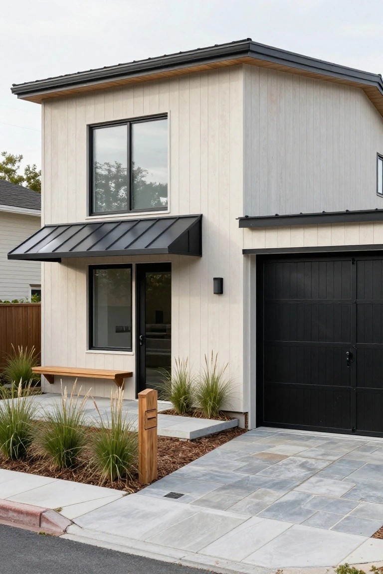 Front view of a two-story modern house with light vertical wood siding, black metal awning over the glass entry door, black paneled garage door, wooden bench, mailbox post, and ornamental grasses on a paved driveway and sidewalk.