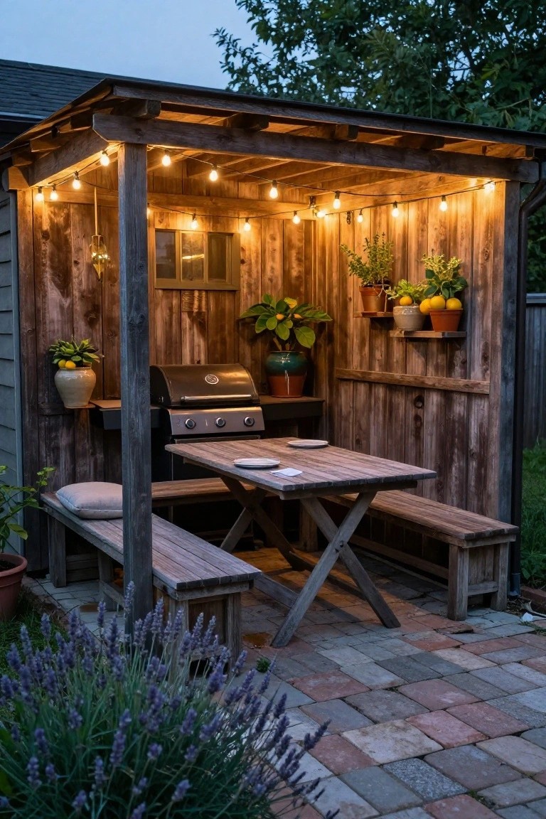 Wooden pergola shelter with integrated black grill, wooden dining table and benches, string lights, potted plants including lemons, on brick patio with lavender nearby.