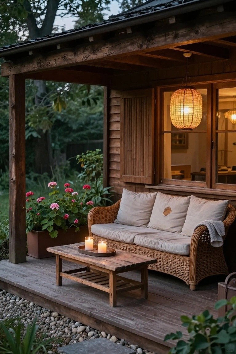 Cozy wooden porch with wicker sofa, lit lantern, candles, and pink flowers.