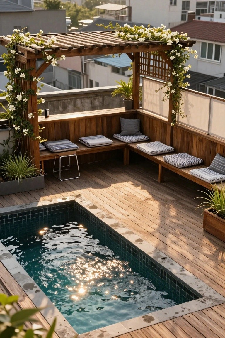 Rooftop deck with a small rectangular turquoise plunge pool edged in wood, surrounded by L-shaped wooden benches with cushions under a vine-covered pergola, potted plants nearby, and urban buildings in the background.