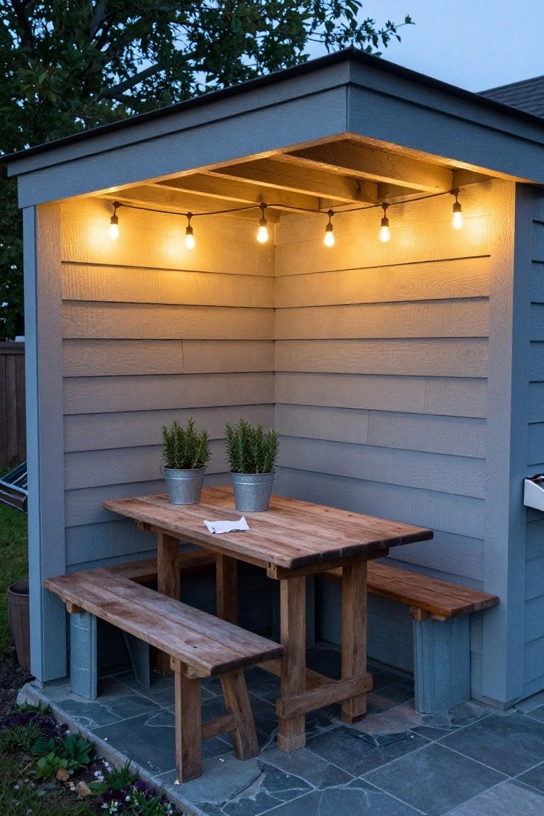 Corner covered outdoor structure with gray siding walls, wooden rectangular table with white napkin, two benches, two metal pots with rosemary plants, string lights overhead, and slate tile patio floor.