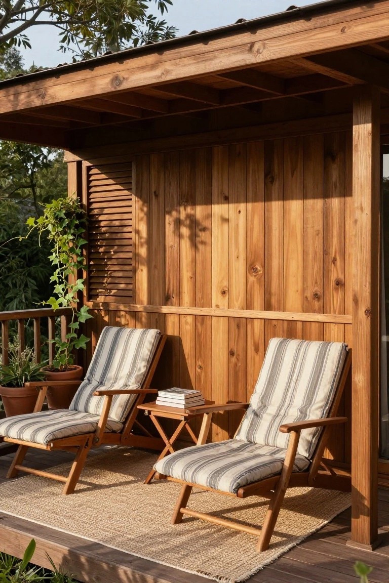 Two wooden lounge chairs with light and dark striped cushions and a small wooden side table with books on a seagrass rug under a covered wooden porch structure on a deck surrounded by potted plants and greenery.