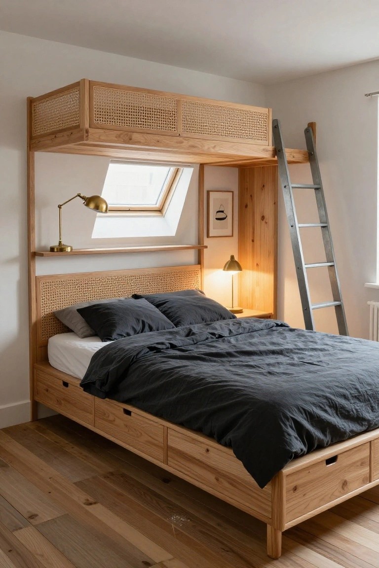 Wooden loft bunk bed frame with lower bed having storage drawers, cane panels on headboard and upper enclosure, metal ladder on side, shelves with brass lamps, dark gray bedding, and skylight in white bedroom with wood floor.