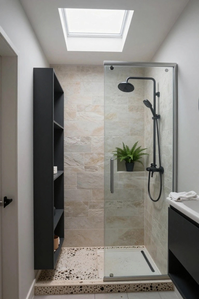 Small modern bathroom with beige tiled walls and pebble shower floor, a glass shower enclosure with black fixtures, a tall black wooden shelving unit, a potted fern on a niche, and a skylight overhead.