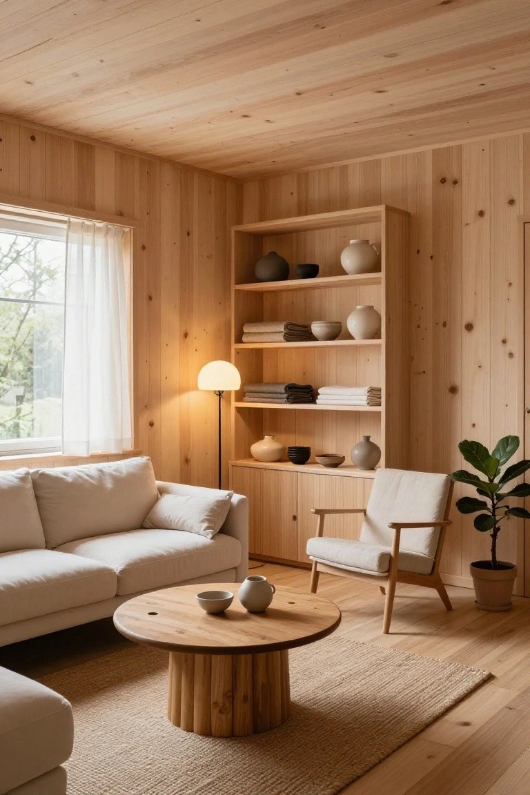 Light wood-paneled living room with paneled ceiling, built-in wooden shelves displaying ceramics and textiles, beige sofa, wooden coffee table, cream armchair, floor lamp, potted plant, and window with sheer curtains.