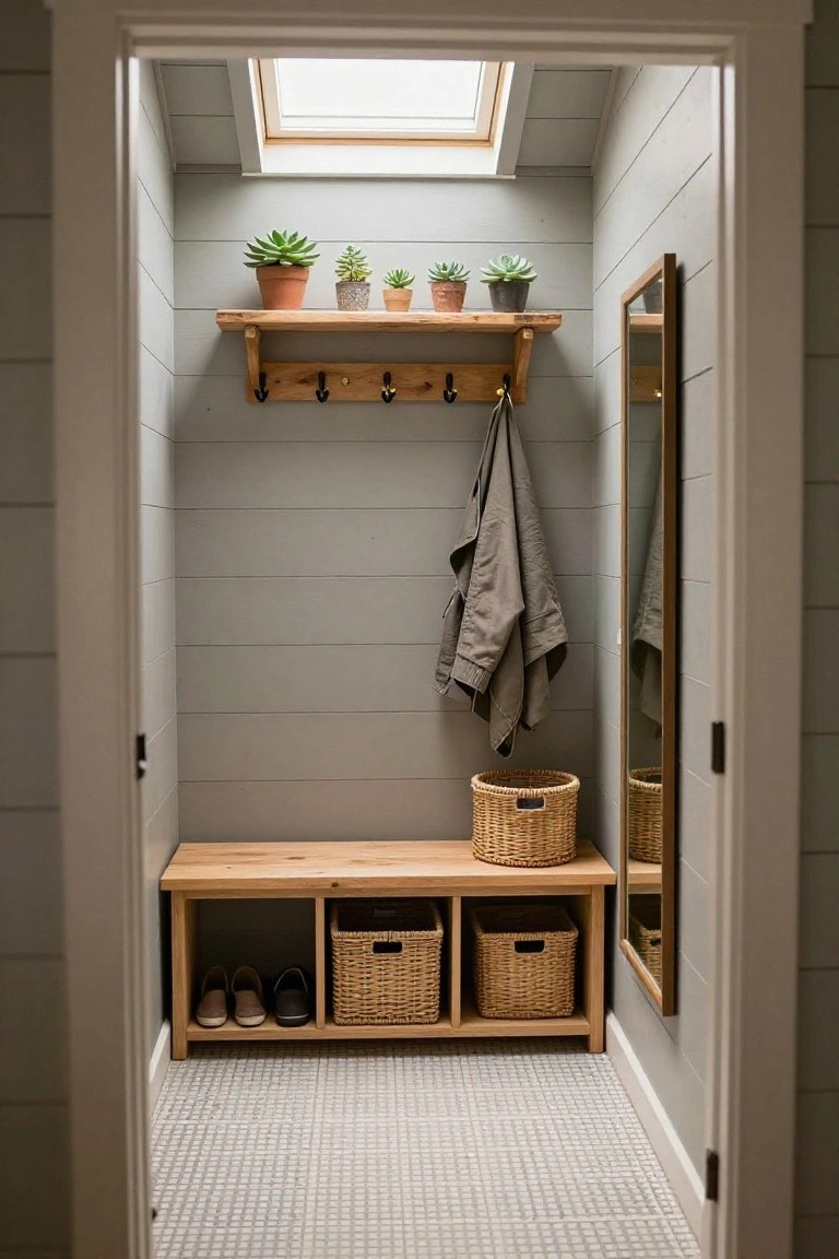 Narrow indoor mudroom with light gray shiplap walls, wooden shelf holding potted succulents and coat hooks with a hanging jacket, full-length wooden mirror, wooden bench with shoe cubbies and wicker baskets, tiled floor, and skylight in sloped ceiling, viewed from open doorway.
