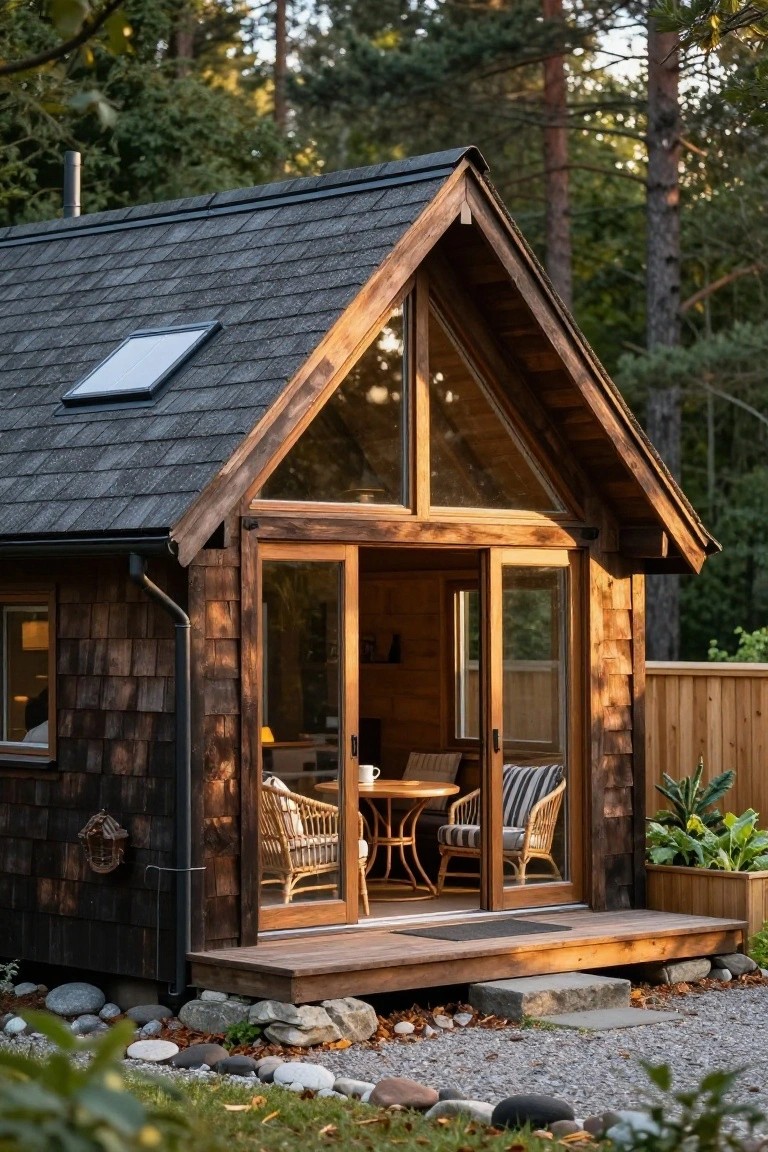 Small wooden cabin with dark shingle siding, light timber framing around a large triangular gable window and open sliding glass doors revealing interior seating on a wooden deck, surrounded by rocks, plants, and trees.