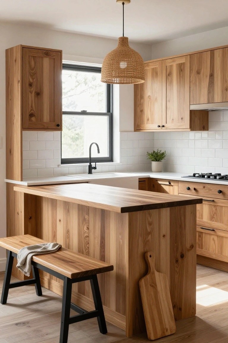 Compact kitchen with blonde wood cabinets and island, white subway tile backsplash and countertops, black faucet and stove knobs, rattan pendant light, potted plant, and wooden bench with black legs.