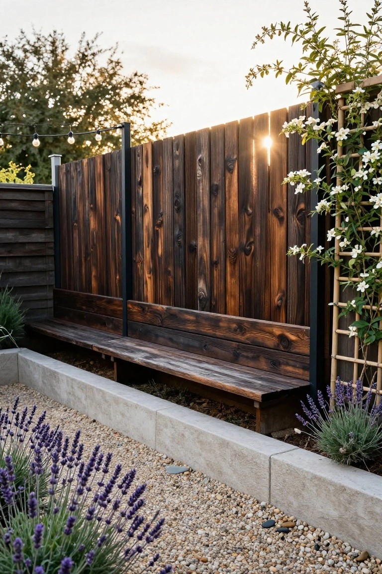 Charred wood fence with integrated wooden bench, gravel path, lavender plants, and string lights in a backyard garden.