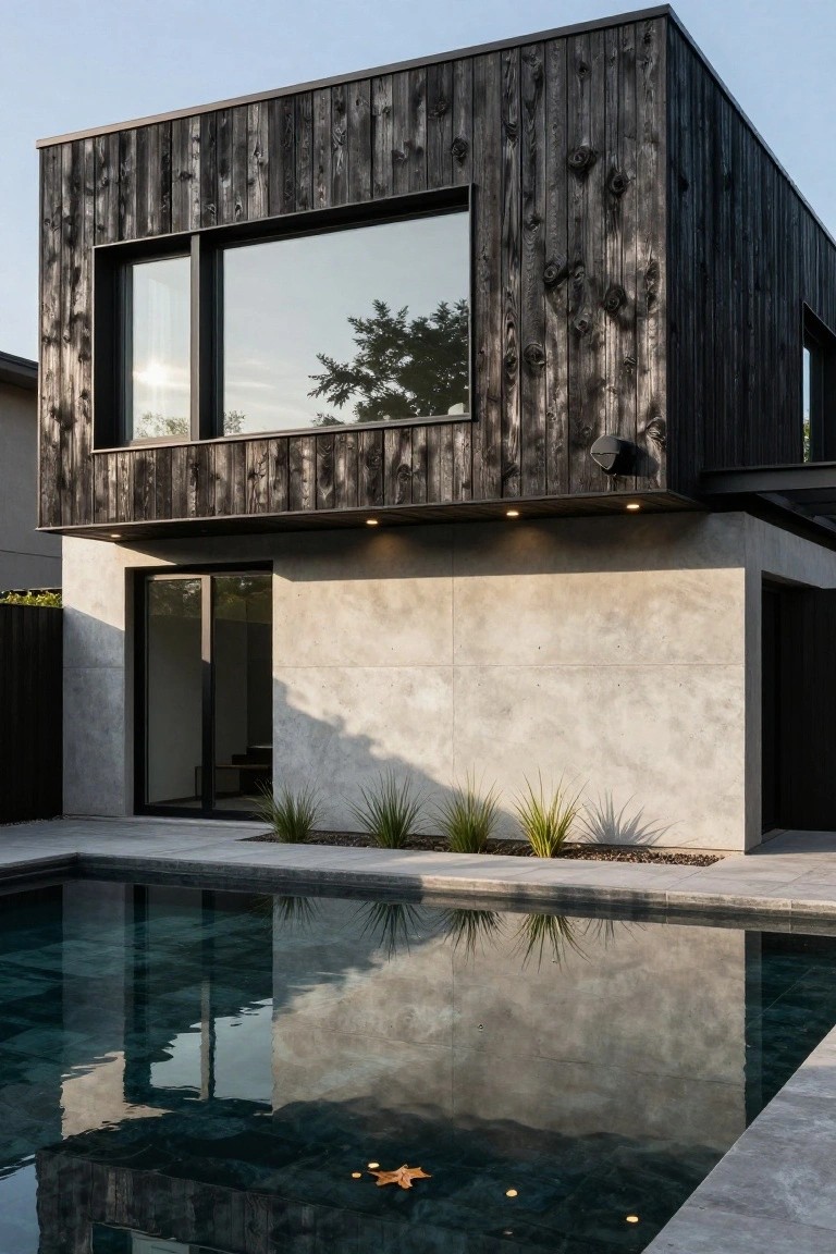 Modern boxy house exterior with vertical black charred wood cladding on upper levels, smooth concrete base wall, large sliding glass windows and doors, and adjacent rectangular pool with green water and leaf reflections.