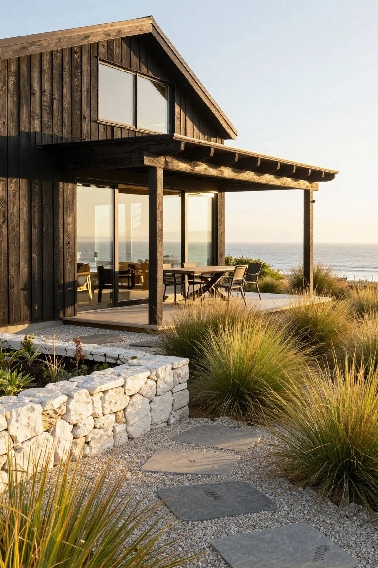 Side exterior of a dark charred wood house with pitched roof, large sliding glass doors opening to a covered wooden porch with dining table and chairs overlooking the ocean, native grasses and stone wall in the foreground.