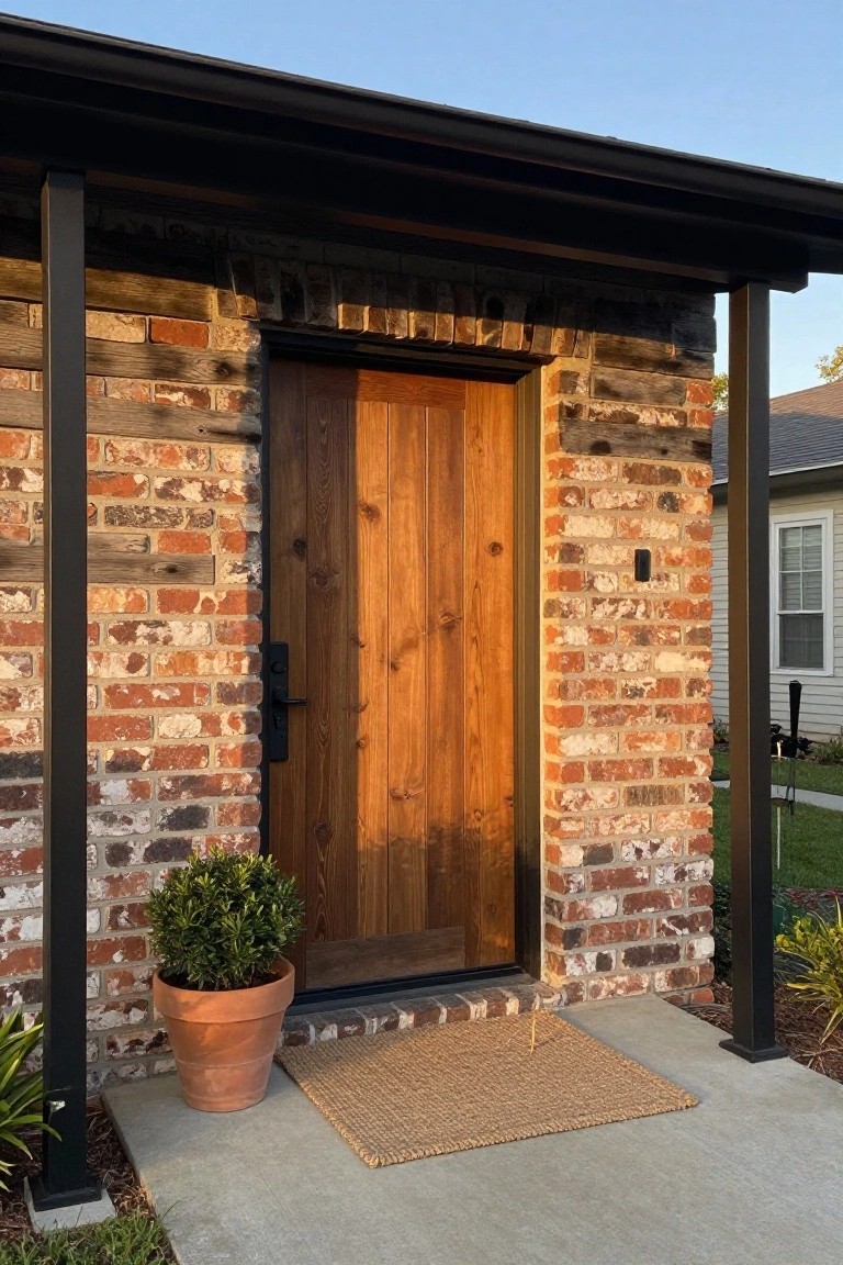 House entrance with a vertical-grain wooden door in a brick wall frame, flanked by black metal posts under a roof overhang, a terracotta pot with a boxwood shrub, braided doormat on concrete porch, and adjacent landscaping.