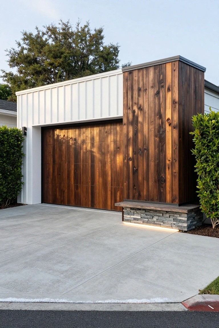House exterior with large vertical-plank charred wood garage door set in white paneled wall, adjacent dark wood panel, stone bench on concrete driveway, hedges and trees nearby.