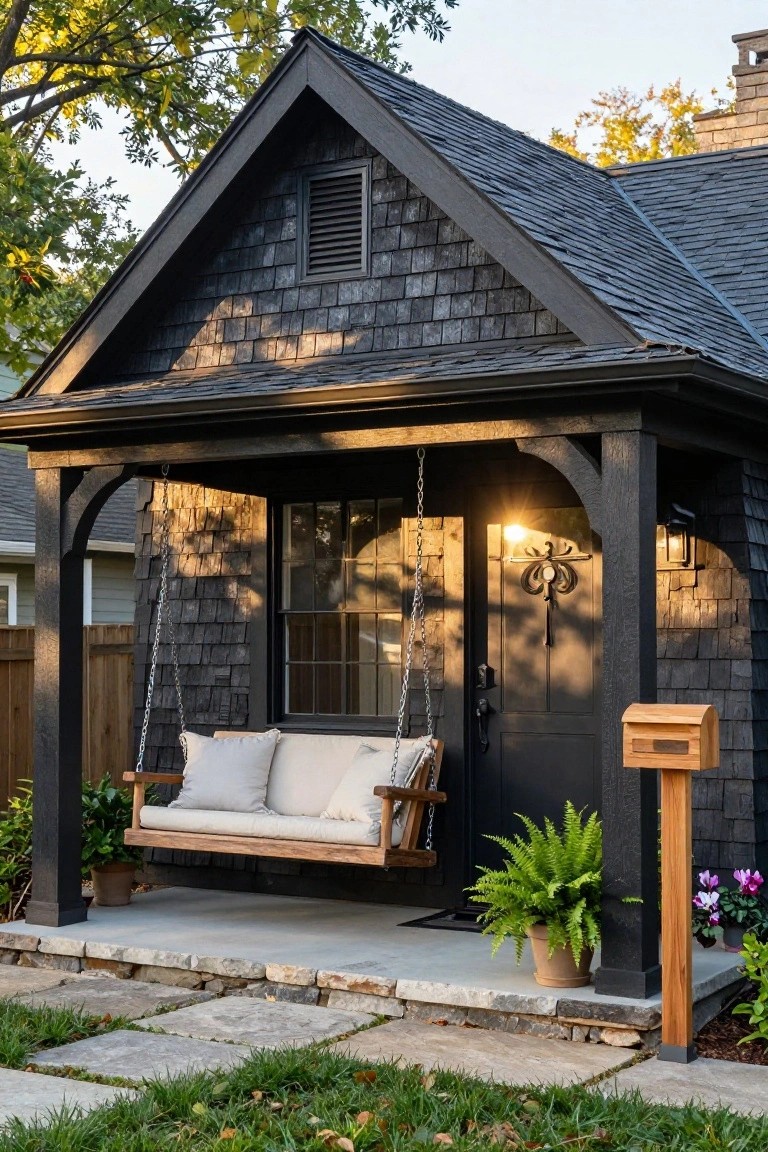 Small gabled cottage with dark charred wood shingle siding and roof, black-trimmed covered porch holding a hanging wooden swing, dark front door with decorative knocker, potted ferns and plants, wooden mailbox post, and stone path in front yard.