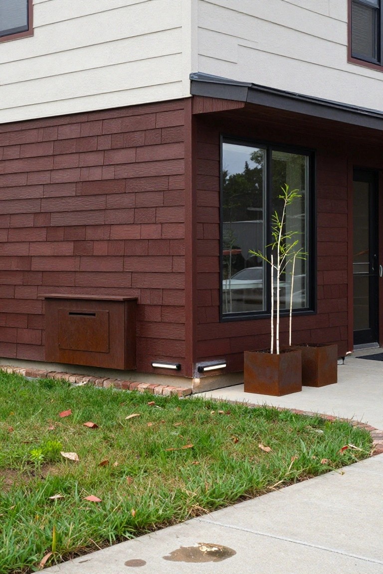Corner view of a house exterior with white vertical siding on one side, dark horizontal wood-look plank siding on the other, corten steel mailbox box, glass window, wood front door, two corten steel planters with bamboo plants, grass lawn, brick edging, and concrete walkway.