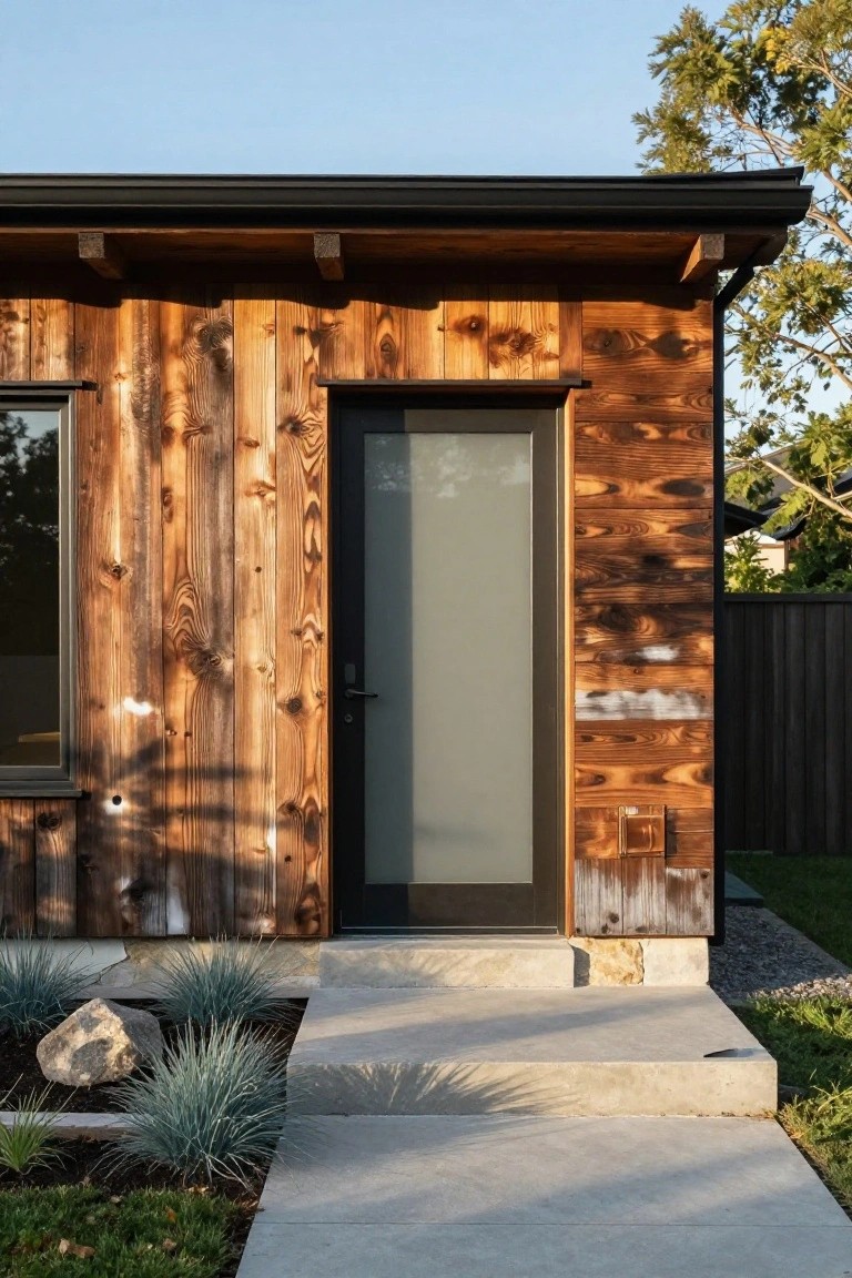House exterior with vertical charred cedar wood siding, black-framed frosted glass entry door and small window, concrete steps, agave plants, rock, and gravel path.