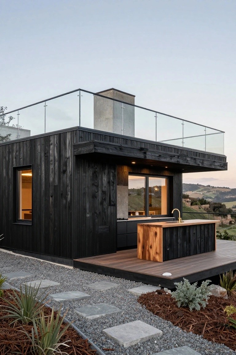 Small cube-like house with vertical black charred wood siding, featuring a lit window, outdoor wooden kitchen counter with gold faucet, glass-railed upper deck, and gravel path with agave plants on a hillside at dusk.