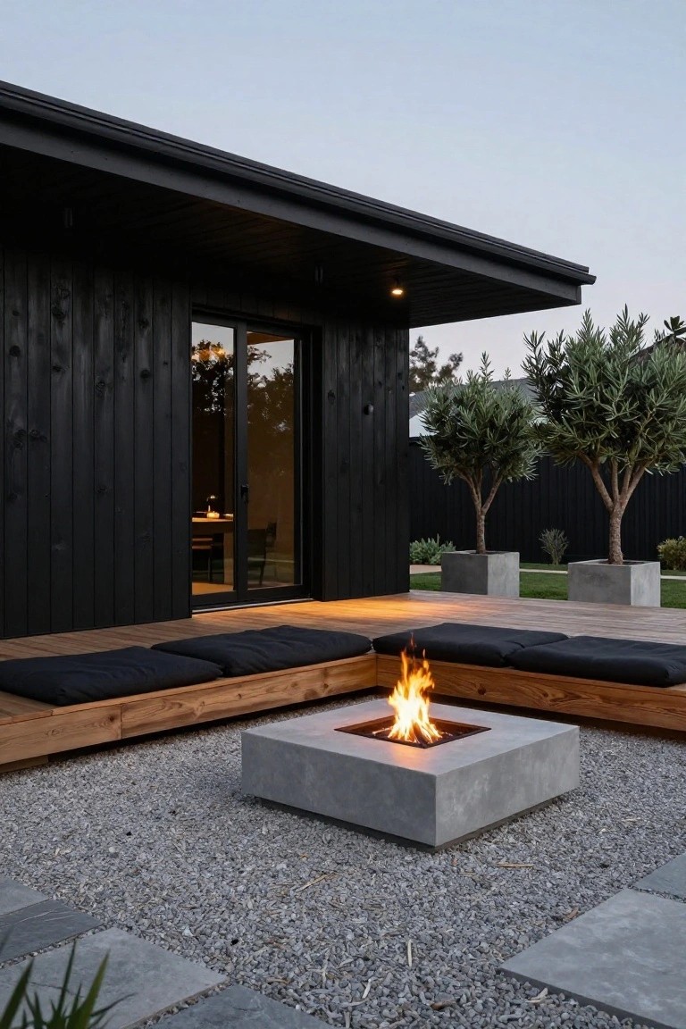 Black charred wood siding on a modern house exterior wall with sliding glass doors, adjacent wooden deck featuring built-in benches with black cushions around a square concrete gas fire pit, gravel ground cover, potted olive trees, and dusk sky.