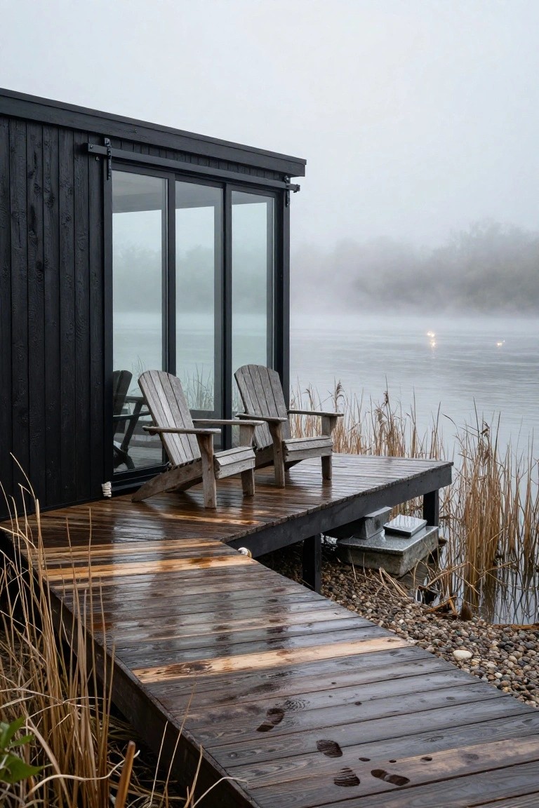Black charred wood cabin with sliding glass doors on a wooden deck by a misty lake, two Adirondack chairs nearby, surrounded by reeds and gravel.