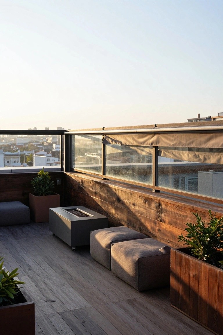 Rooftop terrace with charred wood walls and decking, a rectangular gas fire pit, two gray cushioned poufs, potted plants, and a glass-paneled railing overlooking city buildings at sunset.