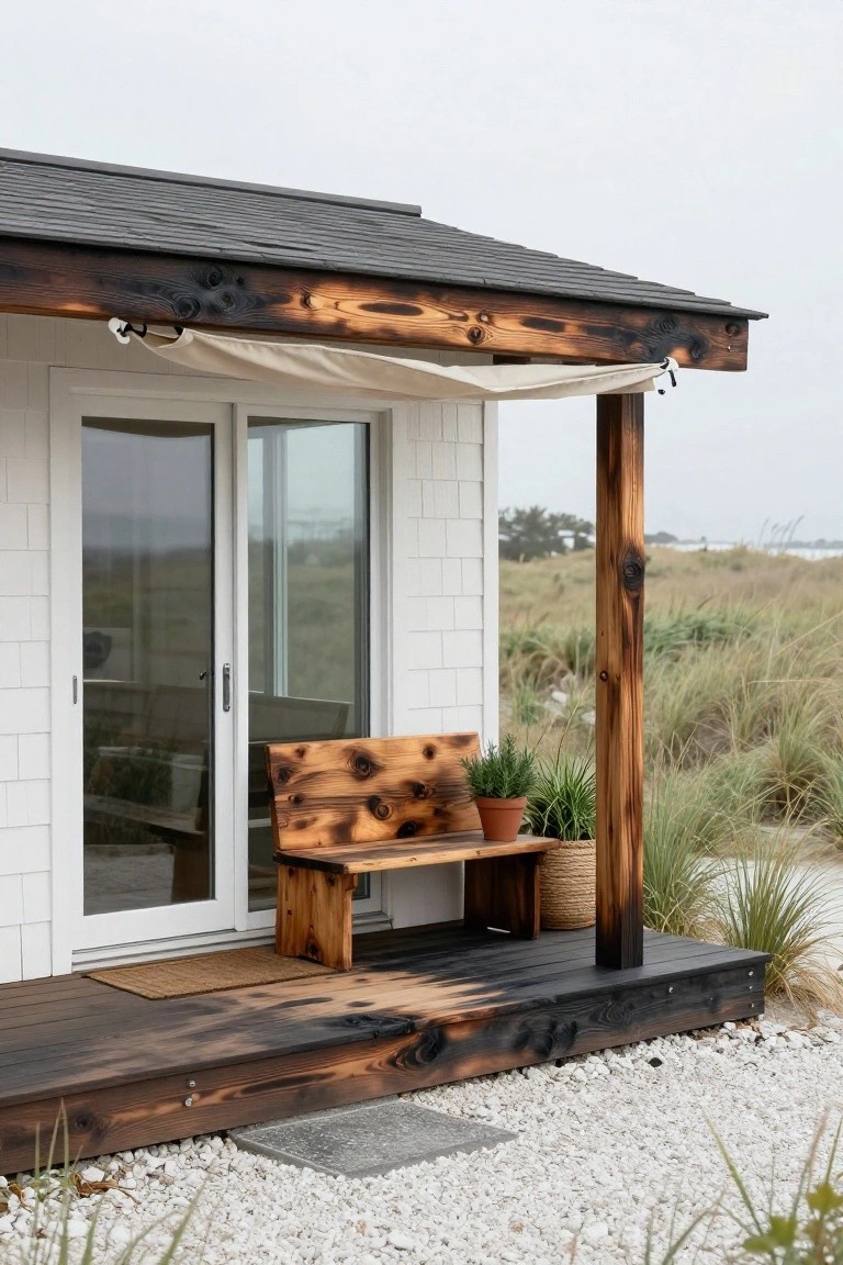 White shiplap exterior of a small beach house with sliding glass doors, charred wood porch posts, bench, potted plants, and deck overlooking dune grasses and gravel ground cover.