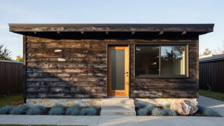 House exterior with vertical charred cedar wood siding, black-framed frosted glass entry door and small window, concrete steps, agave plants, rock, and gravel path.
