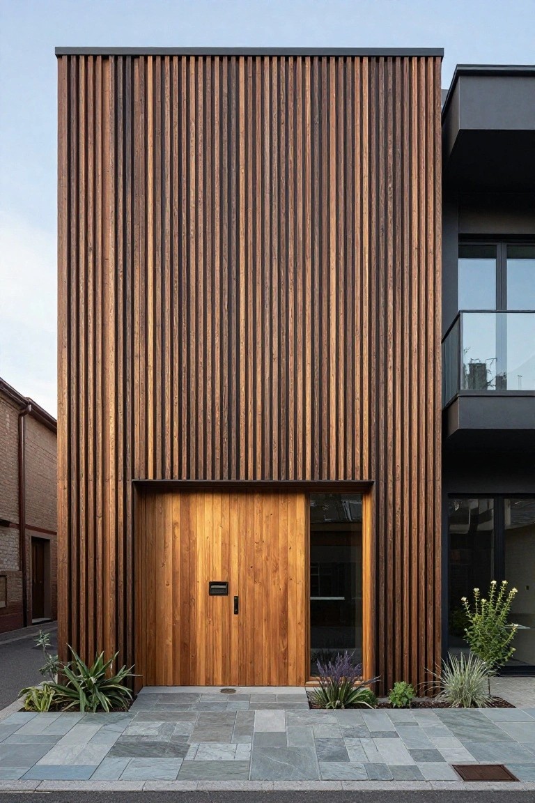 Modern three-story house exterior with full-height vertical charred wood slats, recessed light wood entry door with mail slot and handle, adjacent glass panel, small plants in front, and gray slate paver pathway.