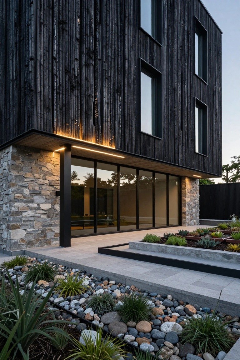 Modern two-story house exterior with vertical black charred wood cladding, gray stone base, large black-framed glass sliding doors, black metal accents, and front landscaping with succulents, pebbles, and gravel beds.